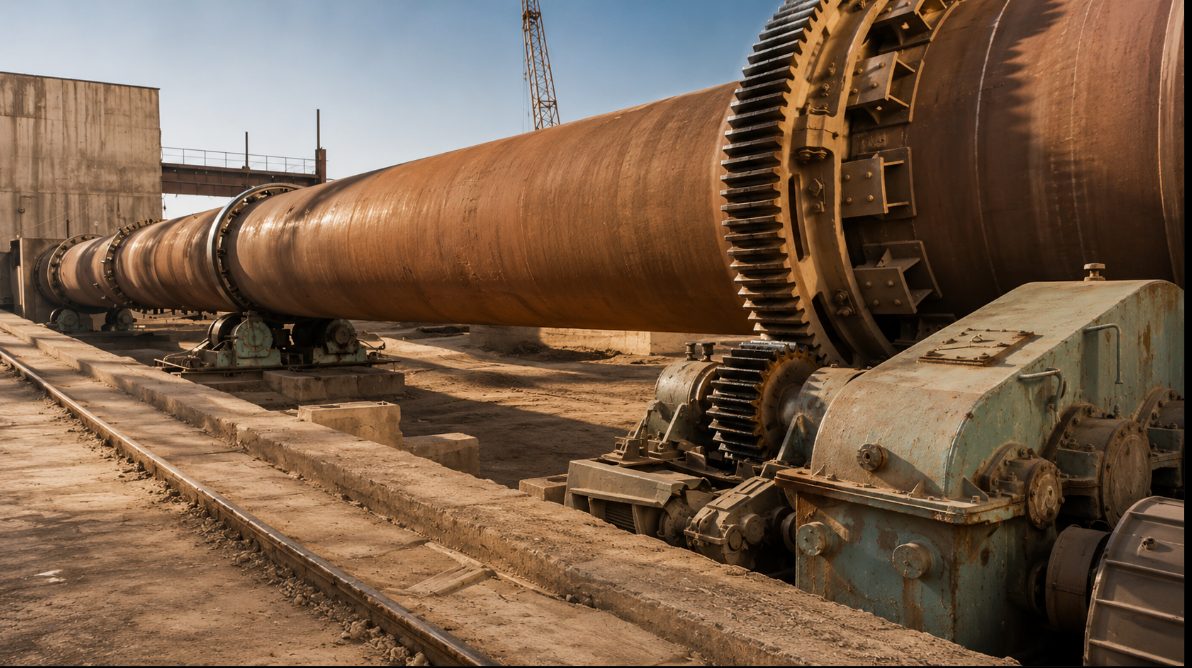 Rotary kiln on rail track at the Navoi milling plant