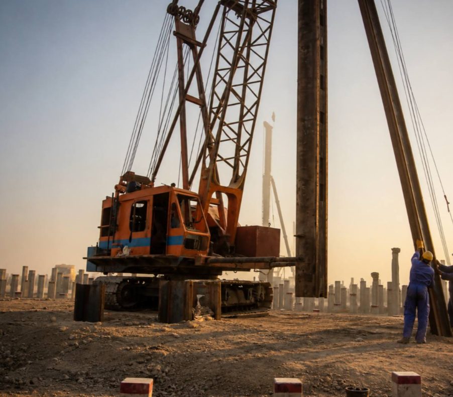 Crawler crane driving a precast pile at sunset